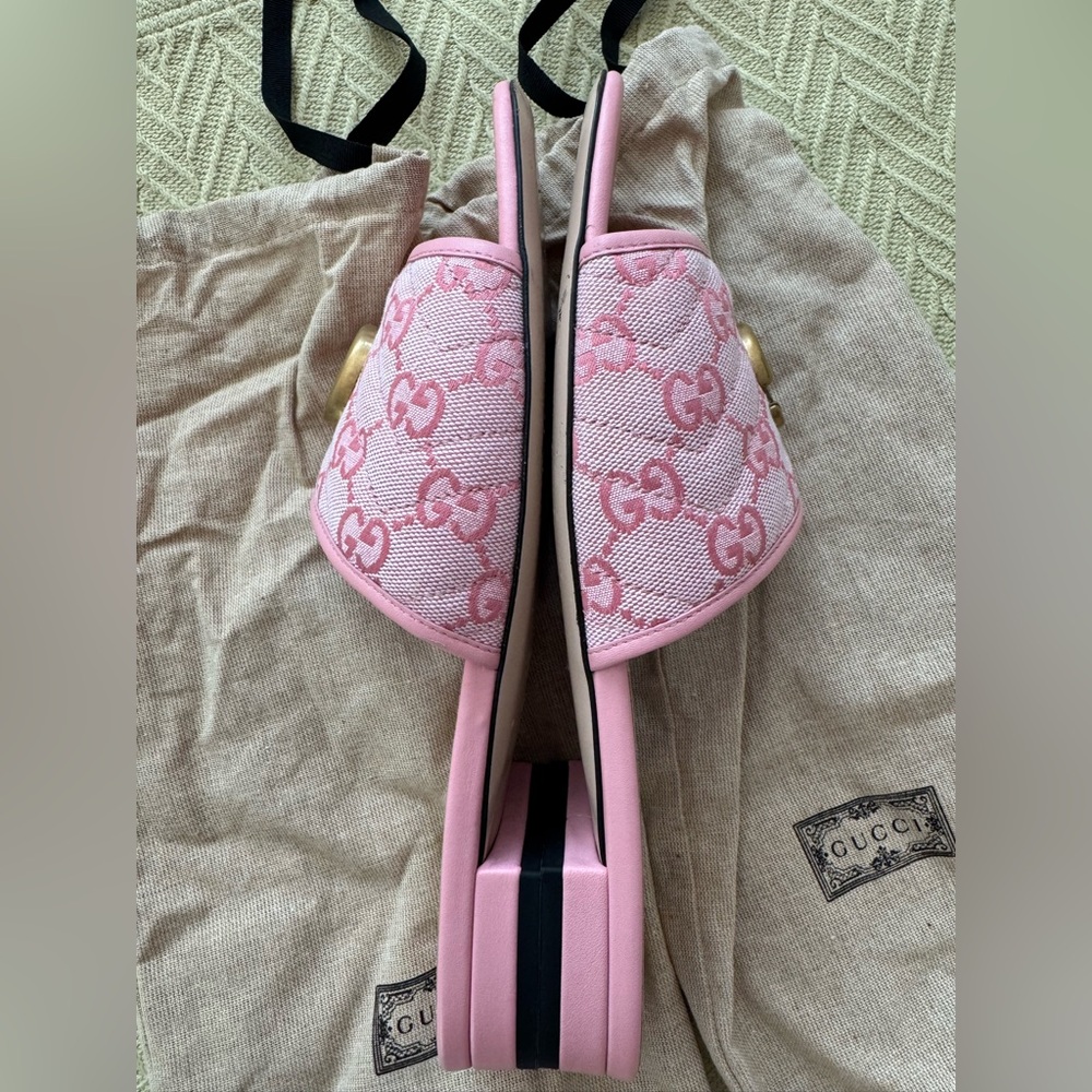 Gucci Pink GG Canvas Slide Sandals with Gold Double G Accent - Picture 11 of 15